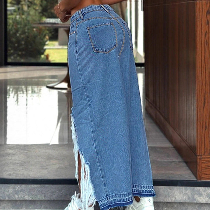 Women's High-Cut Denim Midi Skirt with Deep Front Slit, Destroyed Detail and Raw Fringe Hem Amarae