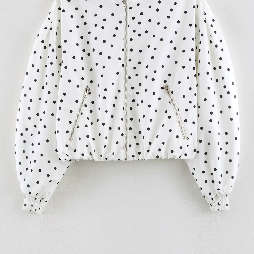 Women's Cropped Bomber Jacket with Stand Collar and Dot Pattern Amarae