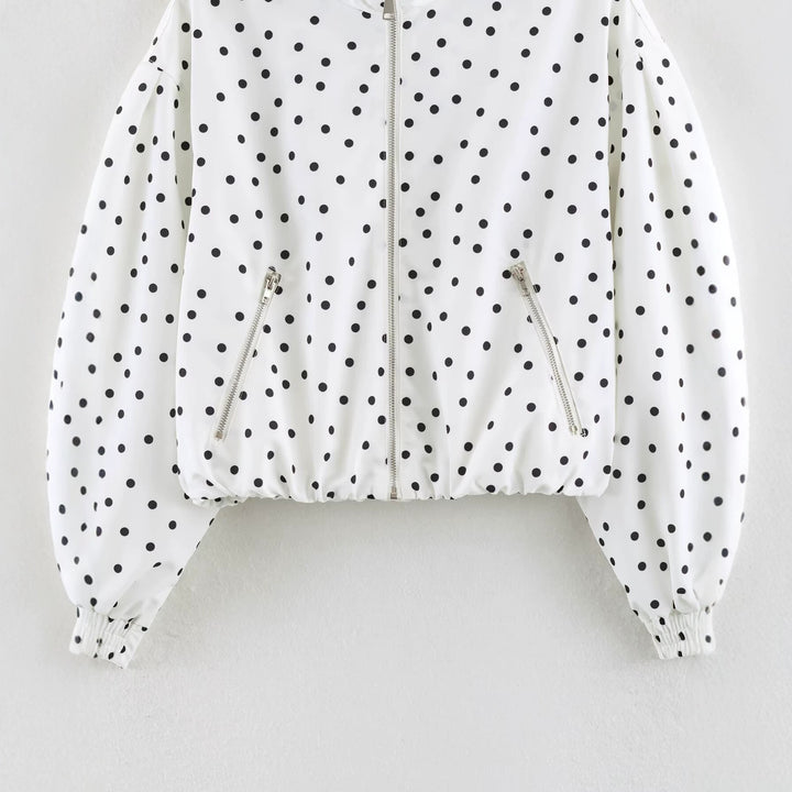 Women's Cropped Bomber Jacket with Stand Collar and Dot Pattern Amarae