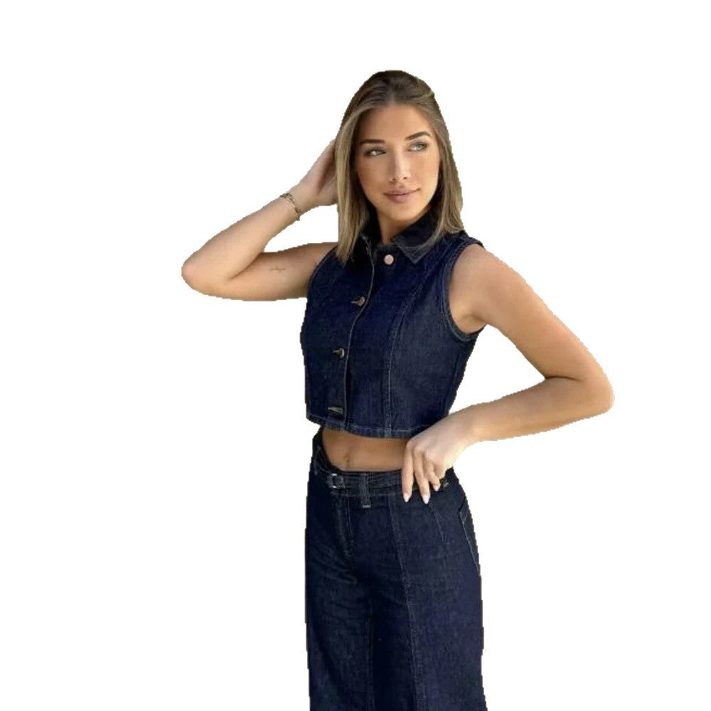 Women Short Cut Denim Vest with Tailored Paneling and Metal Button Placket Amarae