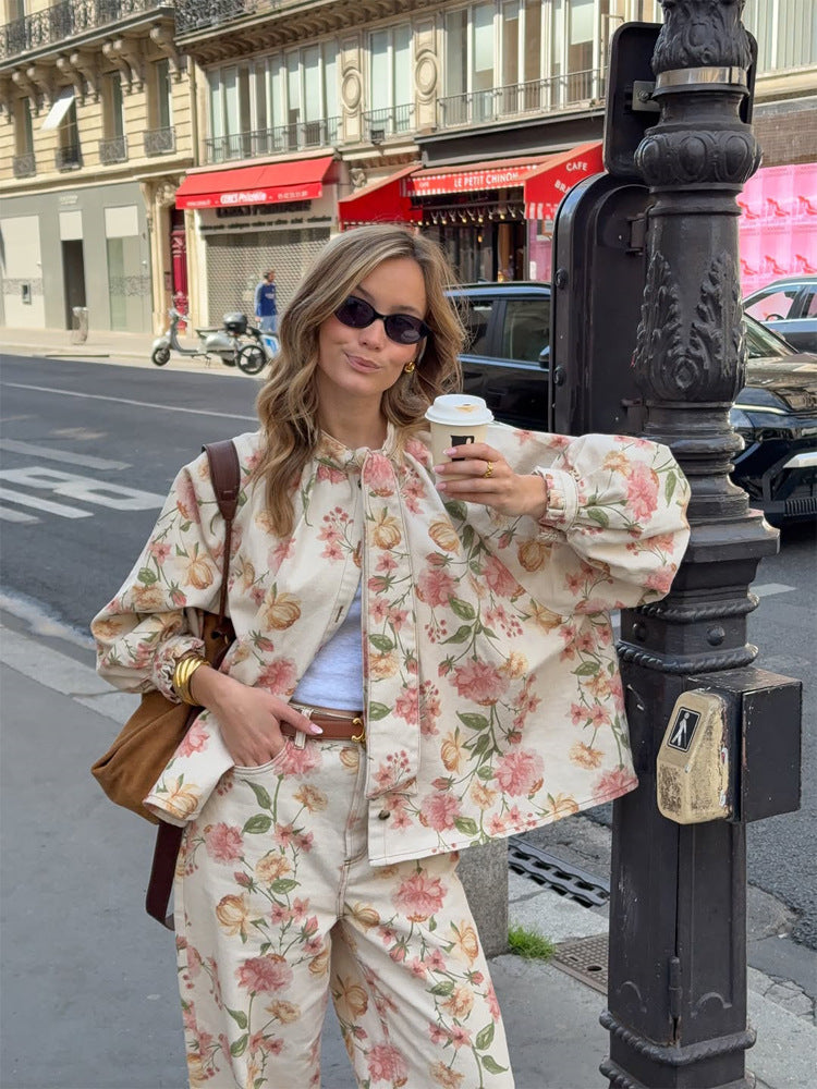 Women's Two-Piece Floral Print Co-Ord Set with Oversized Blouson and High-Waist Pants Amarae