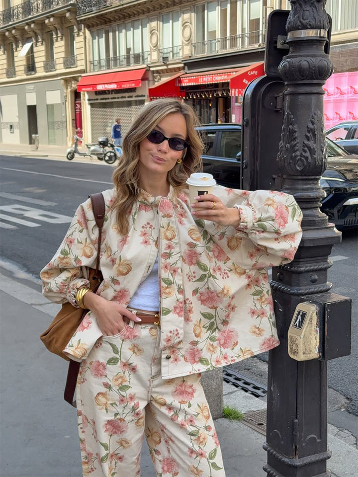 Women's Two-Piece Floral Print Co-Ord Set with Oversized Blouson and High-Waist Pants Amarae
