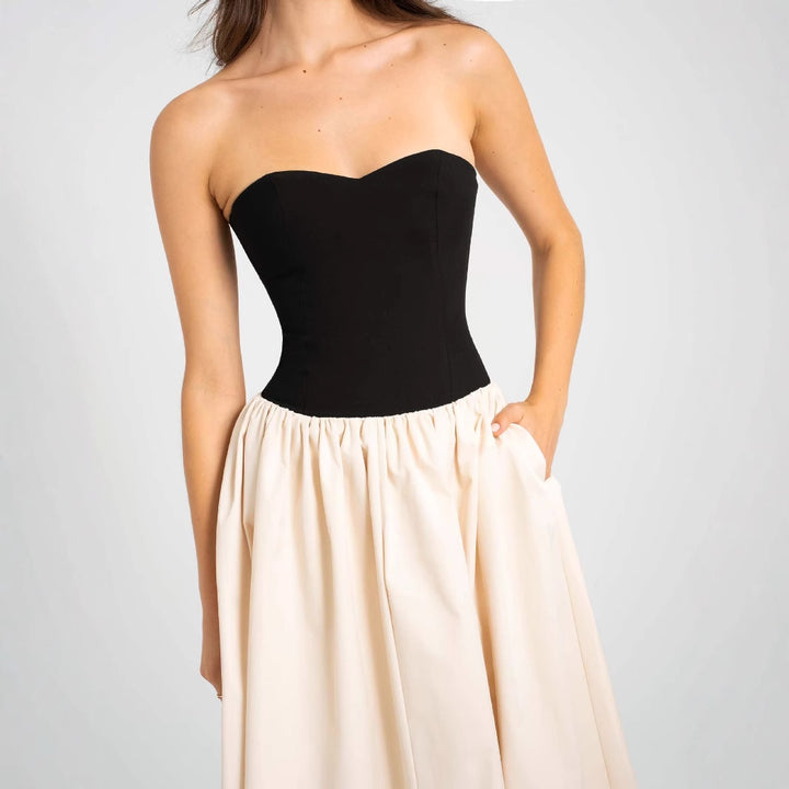Women Long Evening Gown with Bustier Top and Flared Skirt Lune London