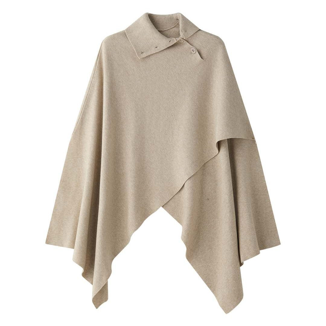 Women's Asymmetrical Knit Poncho with Button Collar and Oversized Silhouette Amarae