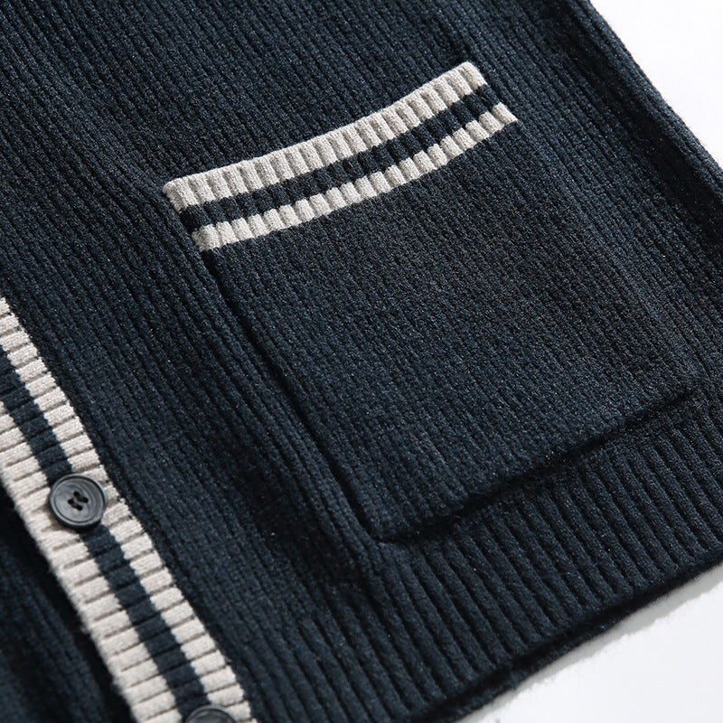 Unisex Oversize Knit Cardigan with Contrast Stripes, V-Neck and Patch Pockets Amarae