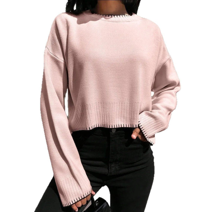 Cropped knit sweater for women with round neckline and ribbed details Lune London