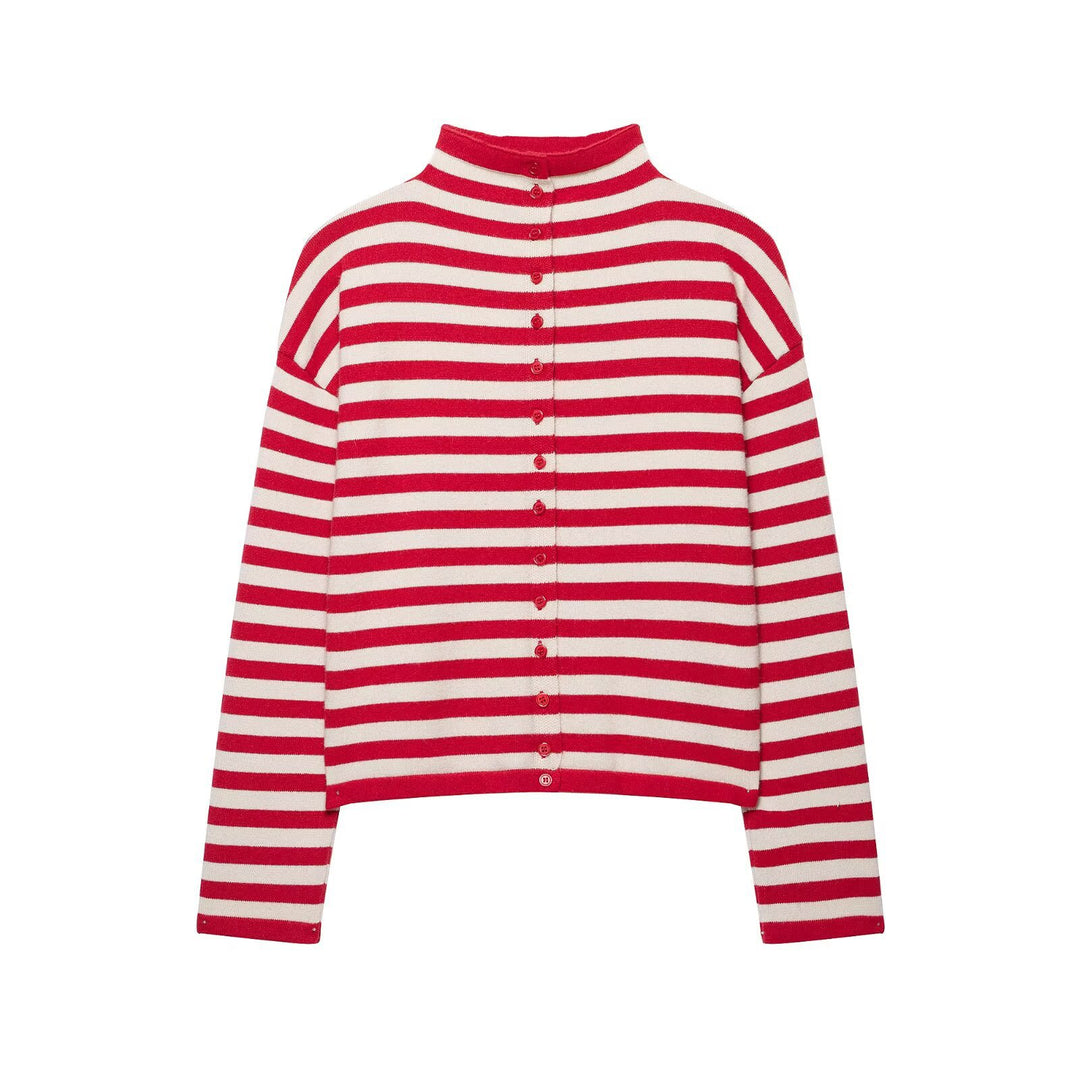 Women Striped Cropped Knitted Cardigan with Stand-up Collar Amarae