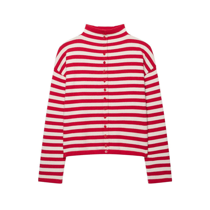 Women Striped Cropped Knitted Cardigan with Stand-up Collar Amarae