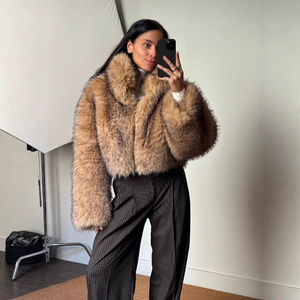 Ladies Luxury Faux Fur Cropped Bomber with Oversized Sleeves and High Shawl Collar Amarae