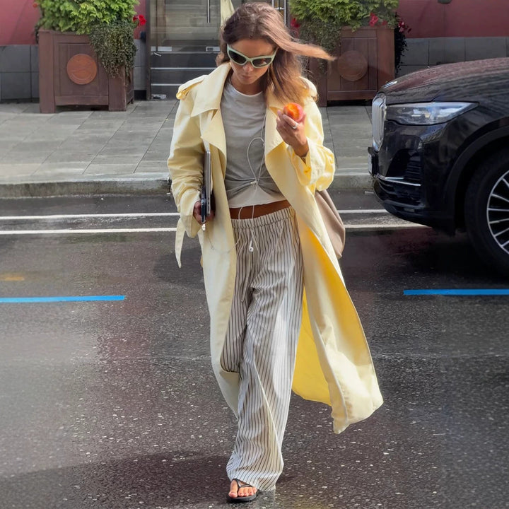 Women's Lightweight Long Trench Coat with Oversized Silhouette, Wide Shawl Collar and Extended Sleeves Amarae
