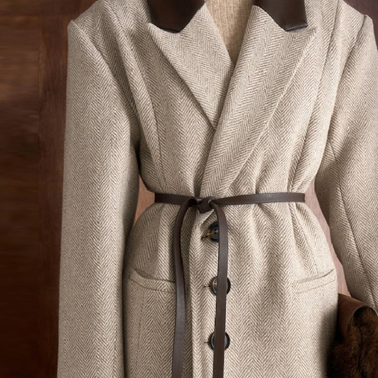 Women's Tailored Wool Blend Coat with Herringbone Structure, Contrasting Leather Collar and Tie Belt Amarae