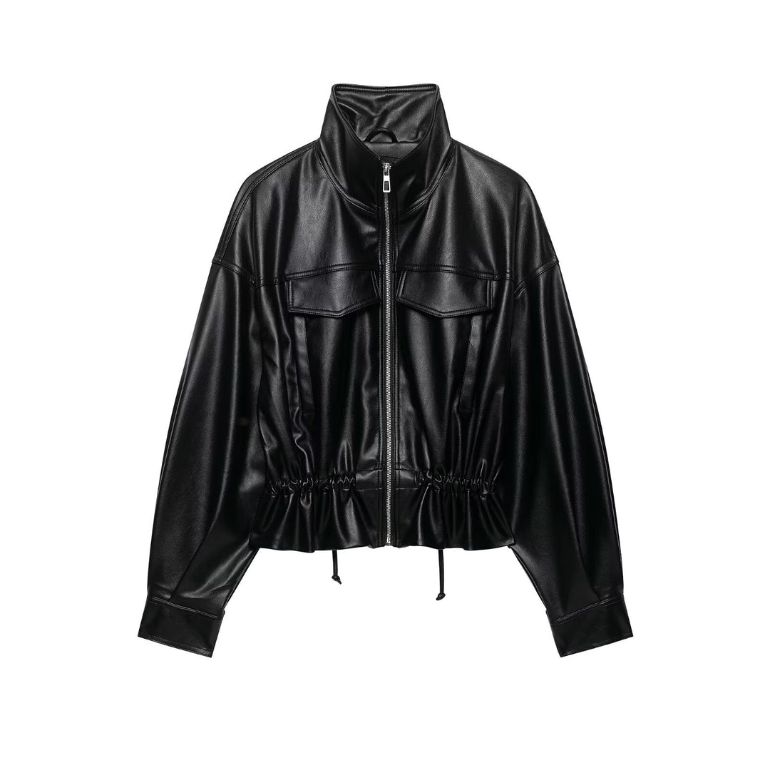 Women's Oversized Faux Leather Bomber Jacket with Funnel Neck, Drawstring Waist, and Flap Pockets Amarae