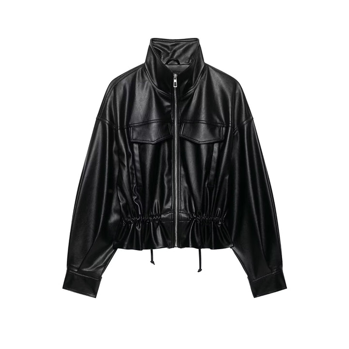 Women's Oversized Faux Leather Bomber Jacket with Funnel Neck, Drawstring Waist, and Flap Pockets Amarae