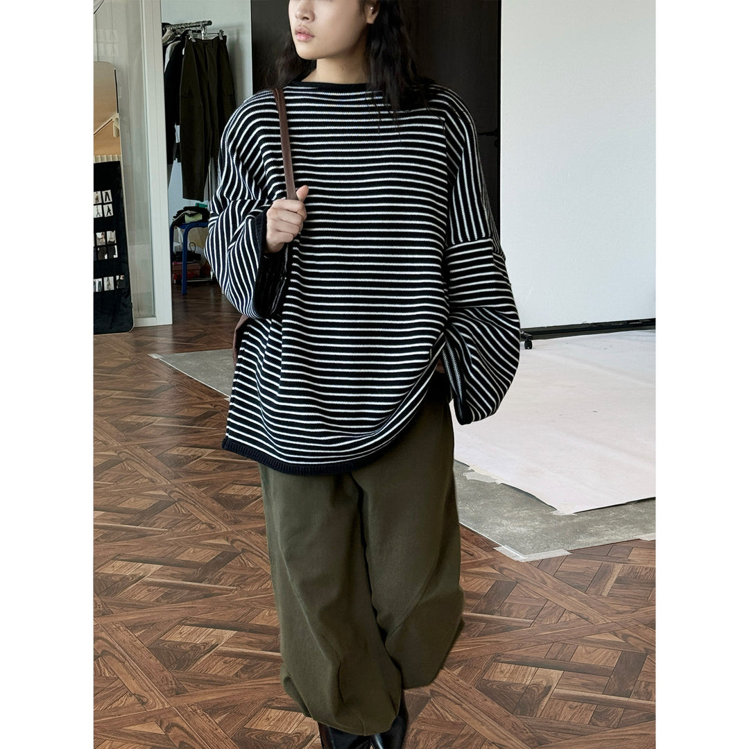Women's Striped Oversize Knit Sweater with Short Stand-Up Collar Amarae