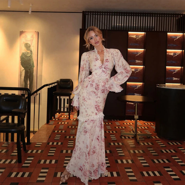 Women Flowing Floral Dress in Maxi Length with Puff Sleeves, Lace Trim and Mermaid Silhouette Amarae