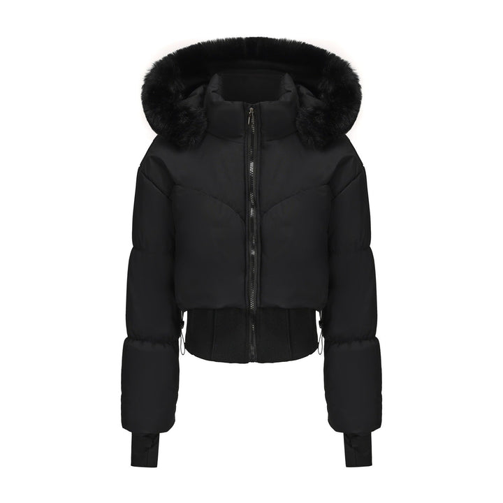 Women's Cropped Down Jacket with Detachable Hood and Faux Fur Trim Chic Und Stil