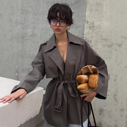 Women Short Trench Coat with Tied Belt and Oversized Sleeves Amarae