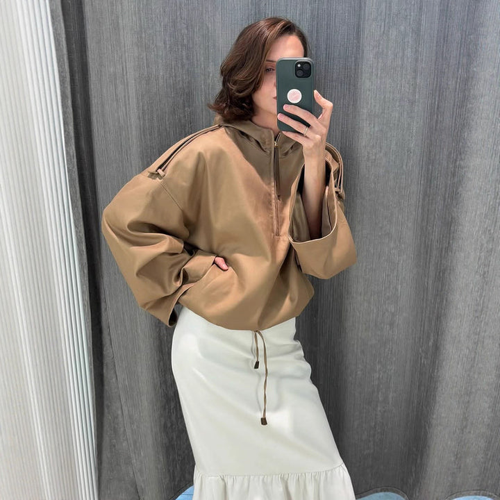 Women’s Oversized Hoodie with Half Zipper, Balloon Sleeves & Drawstring Amarae