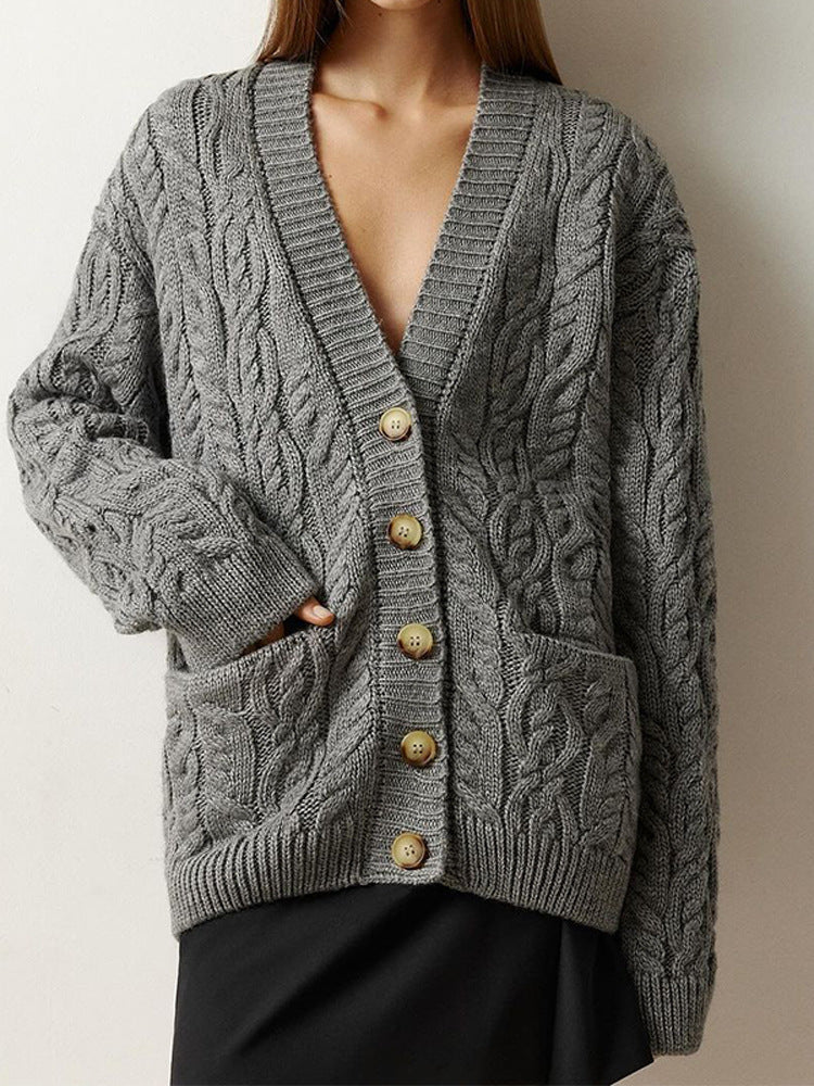Women Oversize Cable Knit Cardigan with V-Neck and Patch Pockets Amarae