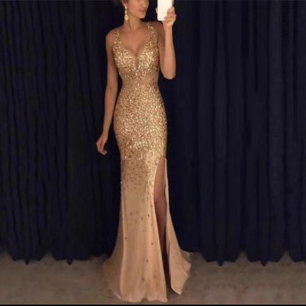 Women's Glamorous Evening Dress with Shimmering Sequins and Deep Slit Lune London