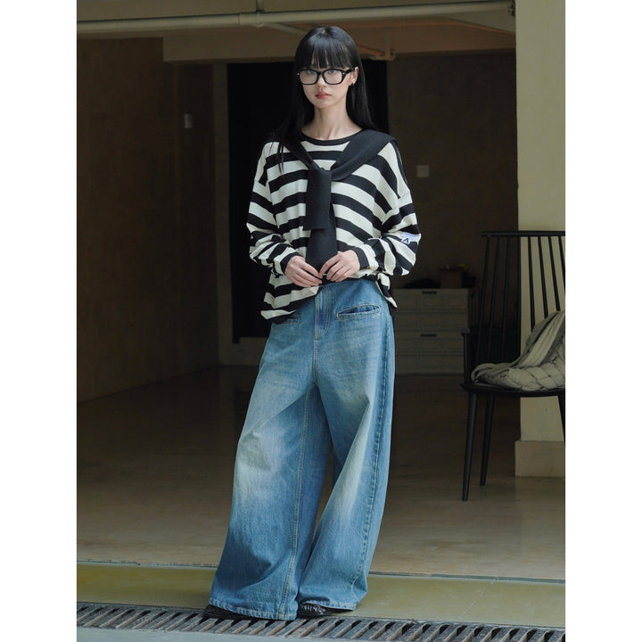 Women's Striped Cotton Fine Knit Sweater with Attached Knit Scarf Amarae