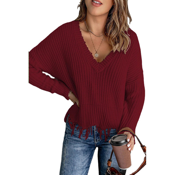 Casual V neck sweater for women with fringes and textured knit Lune London