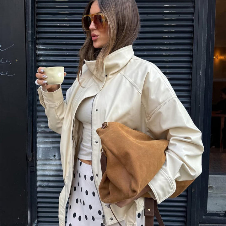 Women's Oversized Faux Leather Jacket with Stand Collar and Drawstring Amarae