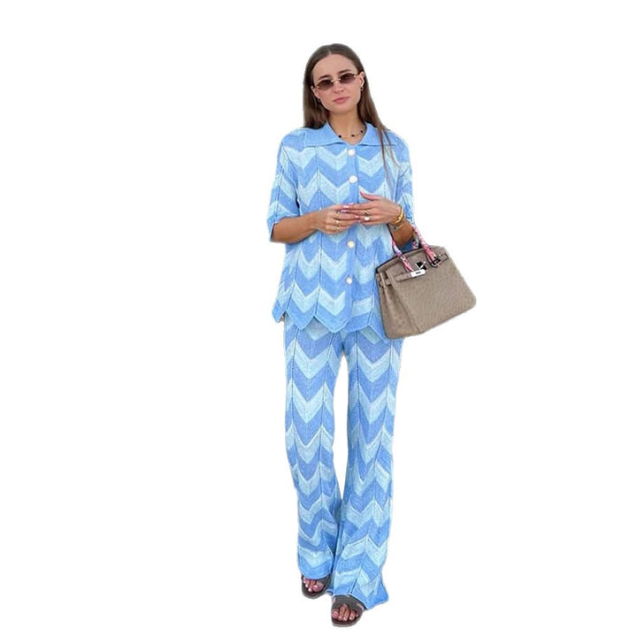 Women's fine knit two-piece set in chevron pattern with shirt collar and wide leg Amarae