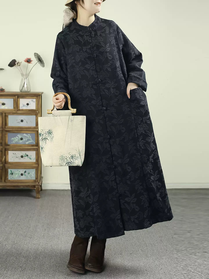 Amarae | Size Black Oriental Jacquard Spandex Coats with Buttons