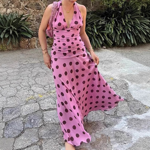 Women Elegant Maxi Dress with Polka Dots and Deep V Neck Amarae