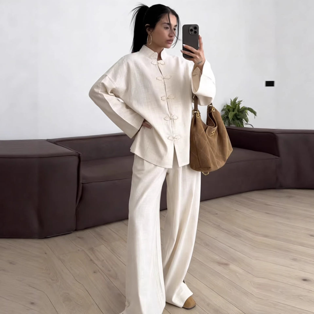 Women's Oversized Chinese Collar Blouse with Traditional Knot Closures and Wide Sleeves Amarae