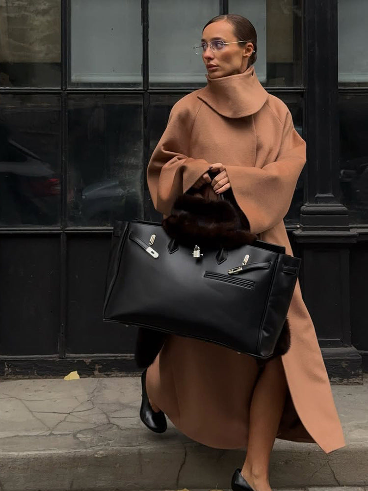 Ladies Maxilength Oversize Wool Blend Coat with Oversized Stand Collar and Balloon-like Sleeves Amarae
