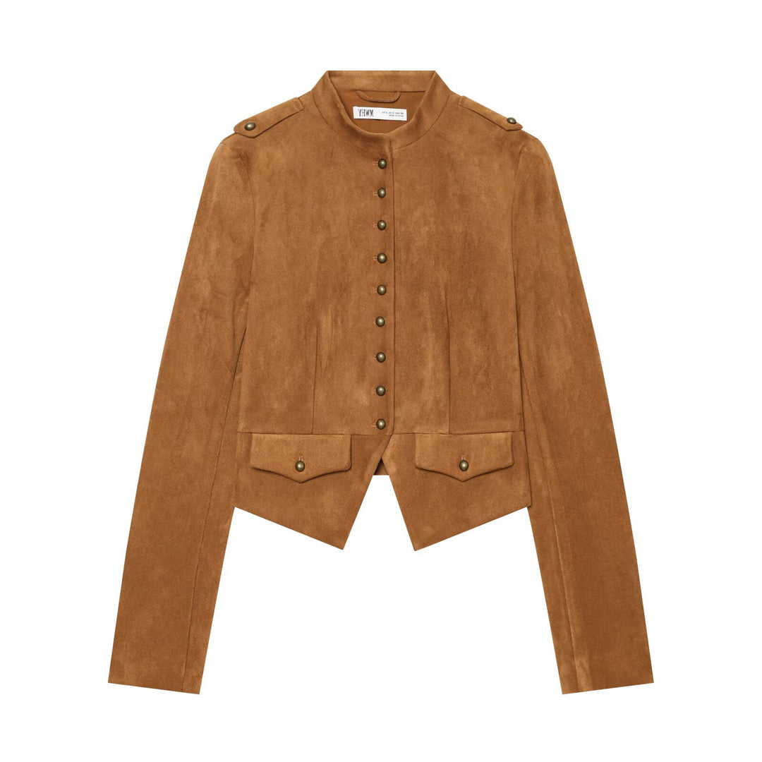 Women Short Jacket in Suede Look in Military Style with Stand-Up Collar and Asymmetrical Hem Amarae