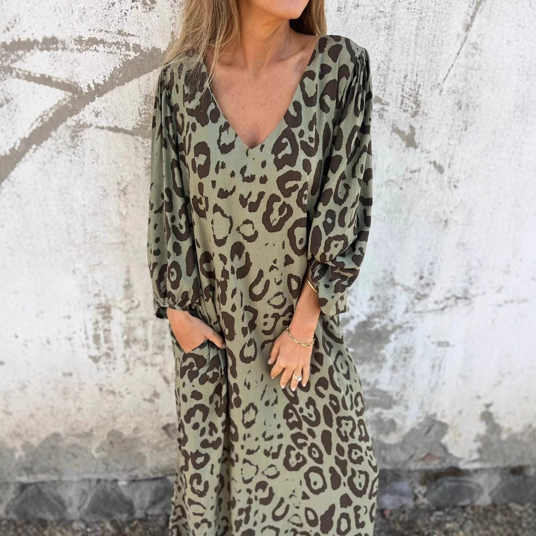 Maxi dress for women with deep V neckline and side pockets Lune London