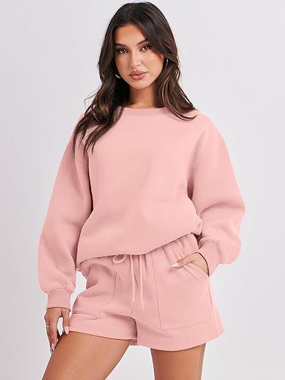 Women's Casual Two-Piece Lounge Sweatset with Oversized Round Neck Sweatshirt and High-Waist Relax Shorts Amarae