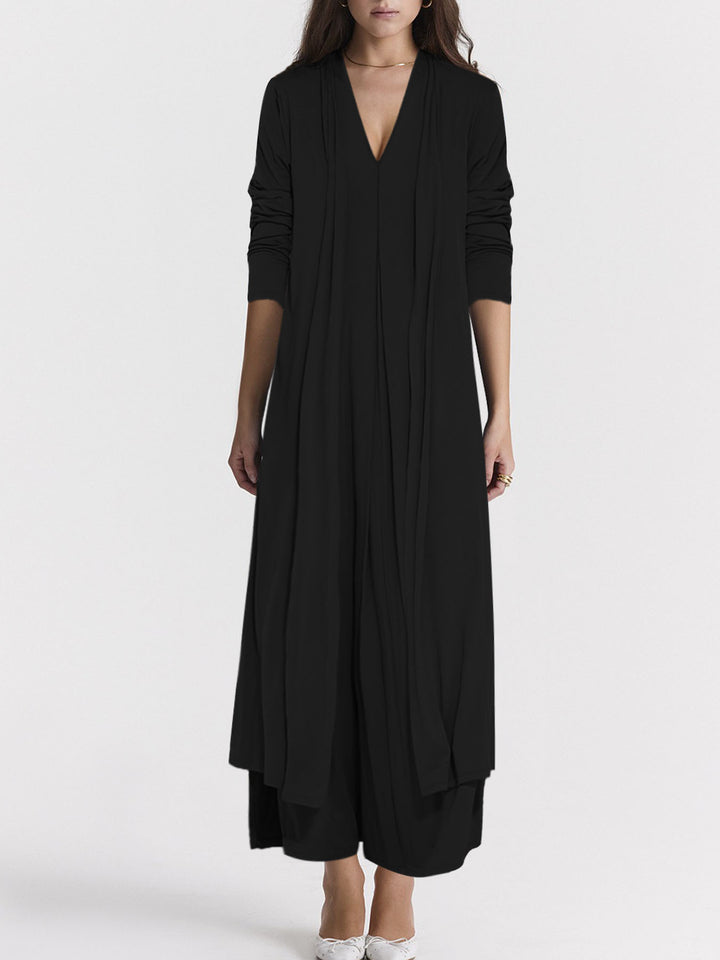 Women Elegant Long Coat with Deep V-Neck and Fluid Cut Lune London