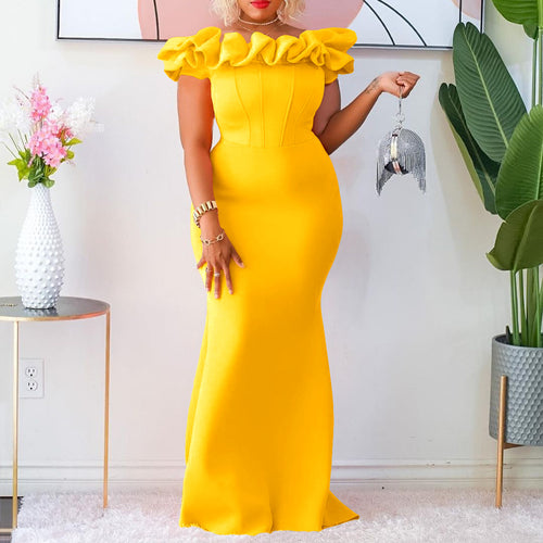 Fitted evening dress for women with voluminous ruffle collar Amarae
