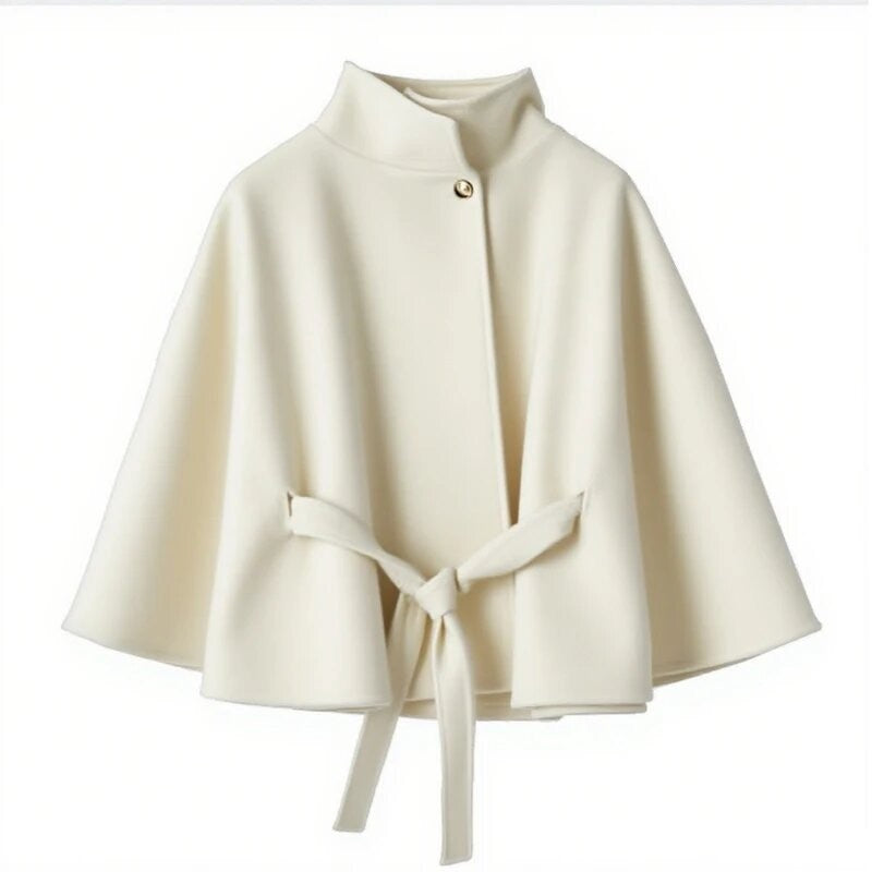 Elegant women's coat with hood, tie belt and high collar Lune London