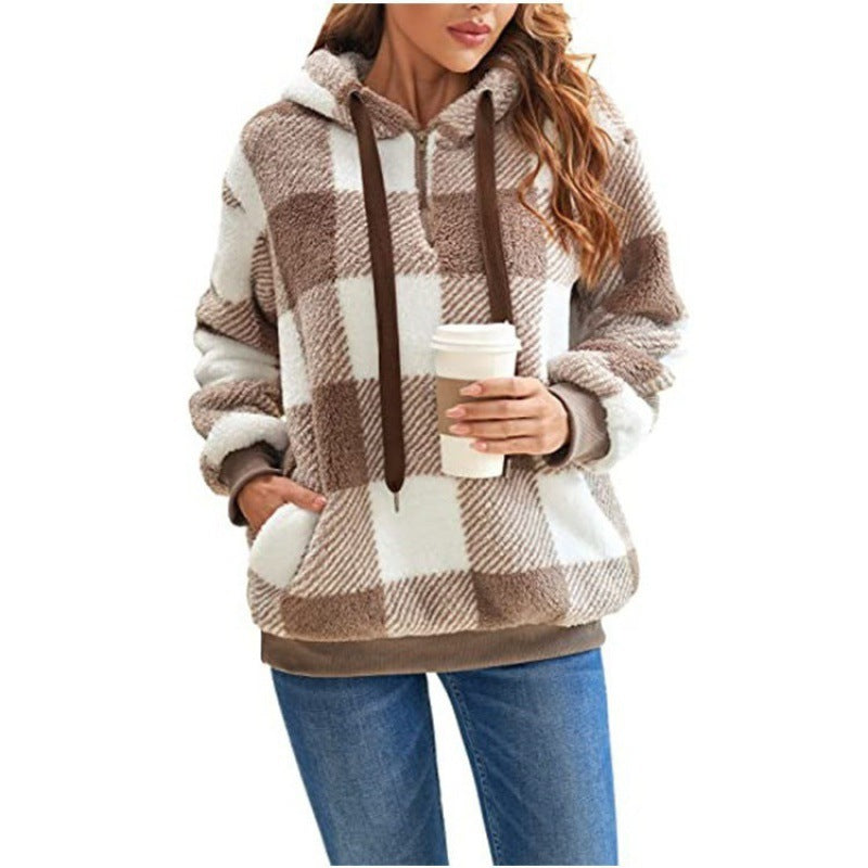 Plaid cozy coat for women with high collar Lune London