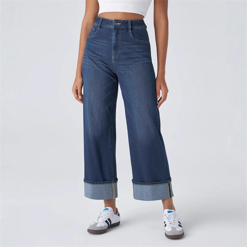 Wide leg denim pants for women with cuffed hem Chic & Stil