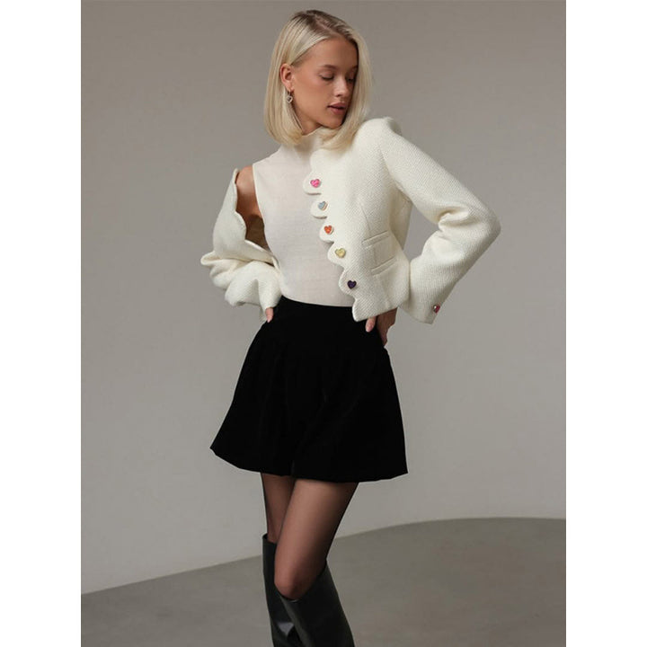 Women's Bouclé Cropped Blazer with Sculptural Shoulder and Wavy Button Placket Amarae