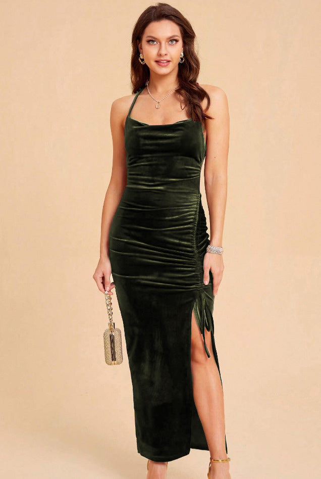 Ladies Elegant Maxi Velvet Dress with Adjustable Slit and Chic Refined Ruching Style