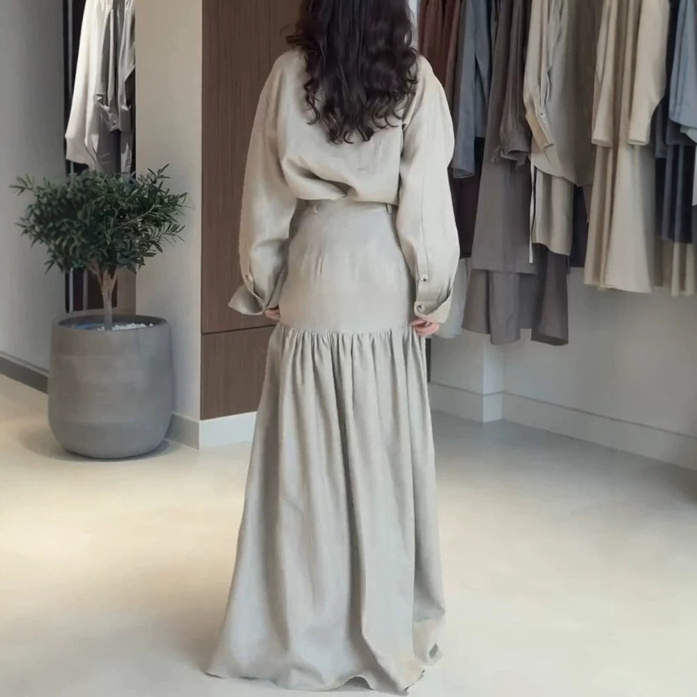 Women Two-Piece Oversized Shirt and Maxi Skirt Set with High Waist & Continuous Button Placket Amarae