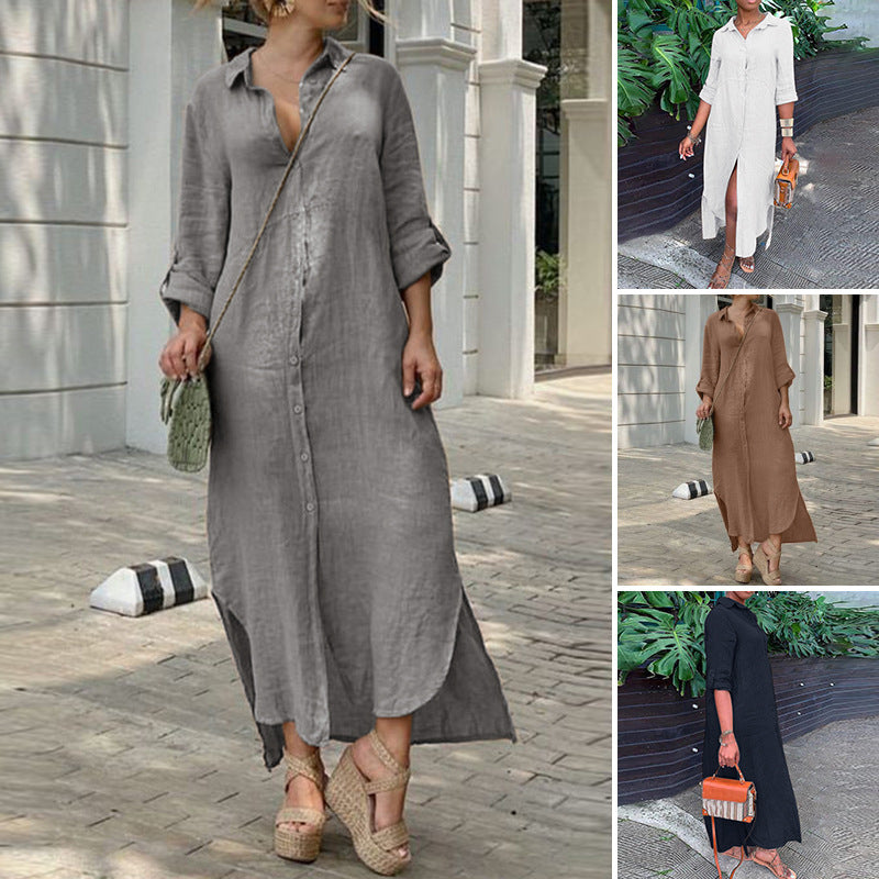 Women's button-up shirt dress with a continuous button placket, side slits, and 3/4 sleeves Amarae