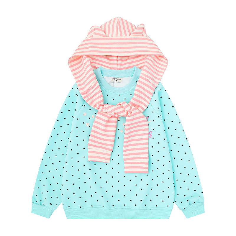 Women's Polka Dot Sweatshirt with Attached Striped Hood-Scarf and Star Appliqué Amarae