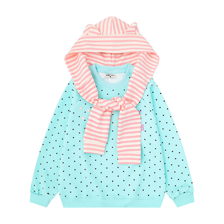 Women's Polka Dot Sweatshirt with Attached Striped Hood-Scarf and Star Appliqué Amarae