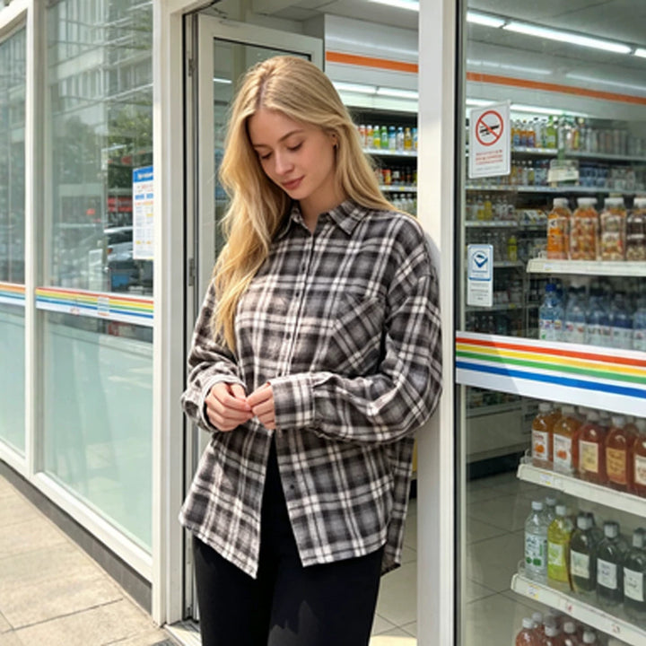 Women's Oversized Flannel Shirt with Check Pattern, Patch Chest Pocket and Rounded Hem Amarae
