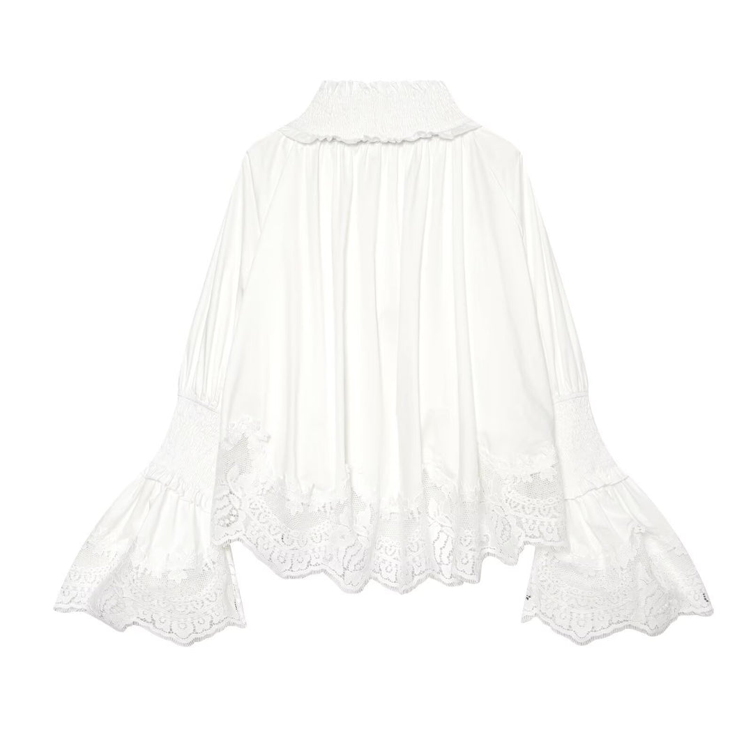 Ladies Romantic Blouse with Smocking Collar, Bell Sleeves and Lace Trim