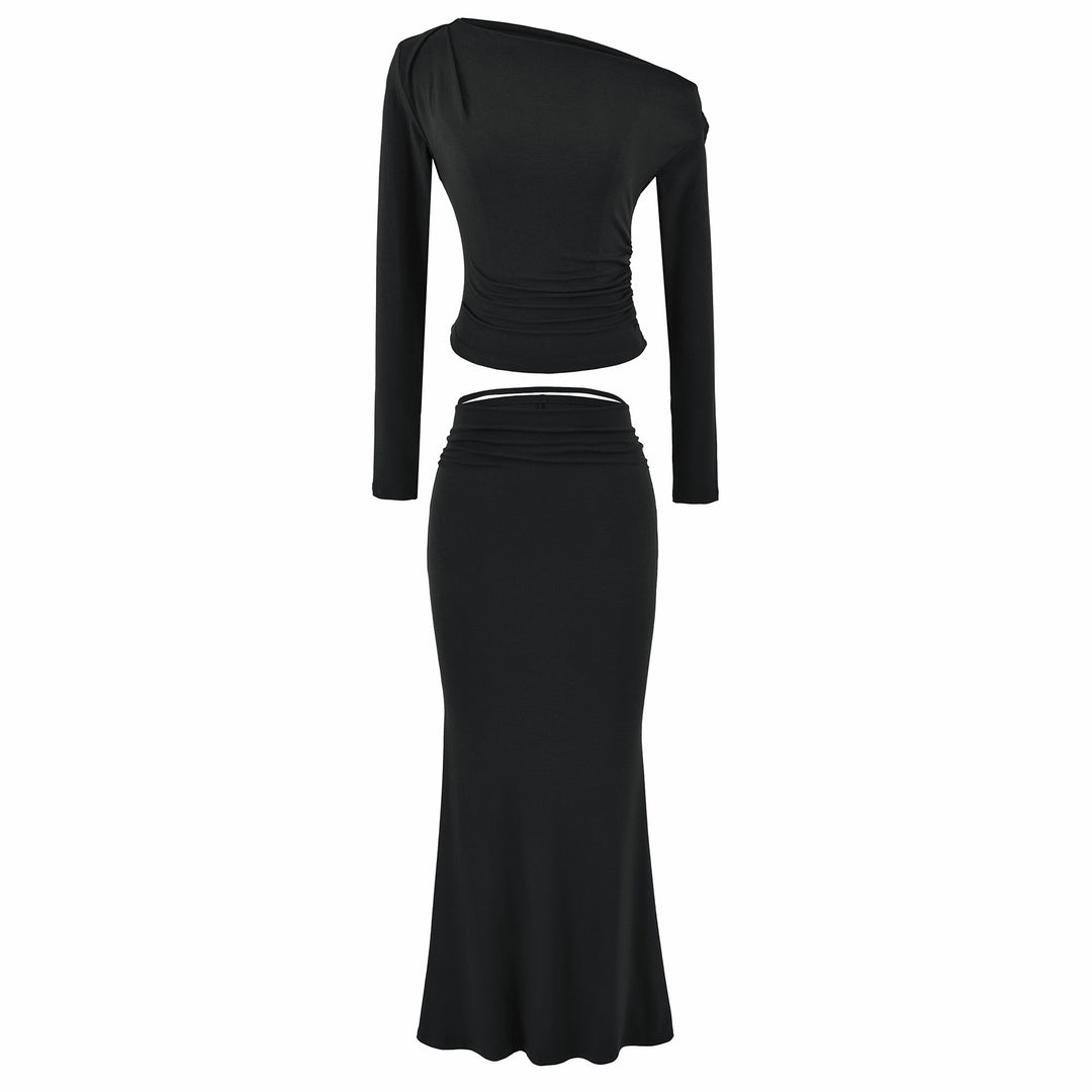 Women's One-Shoulder Two-Piece Set with Ruched Crop Top and Fitted Maxi Skirt Amarae