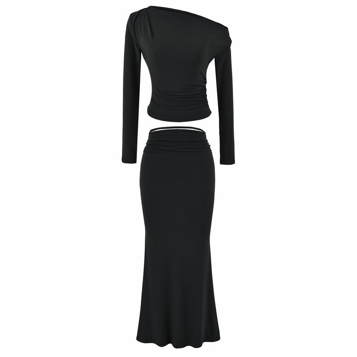 Women's One-Shoulder Two-Piece Set with Ruched Crop Top and Fitted Maxi Skirt Amarae